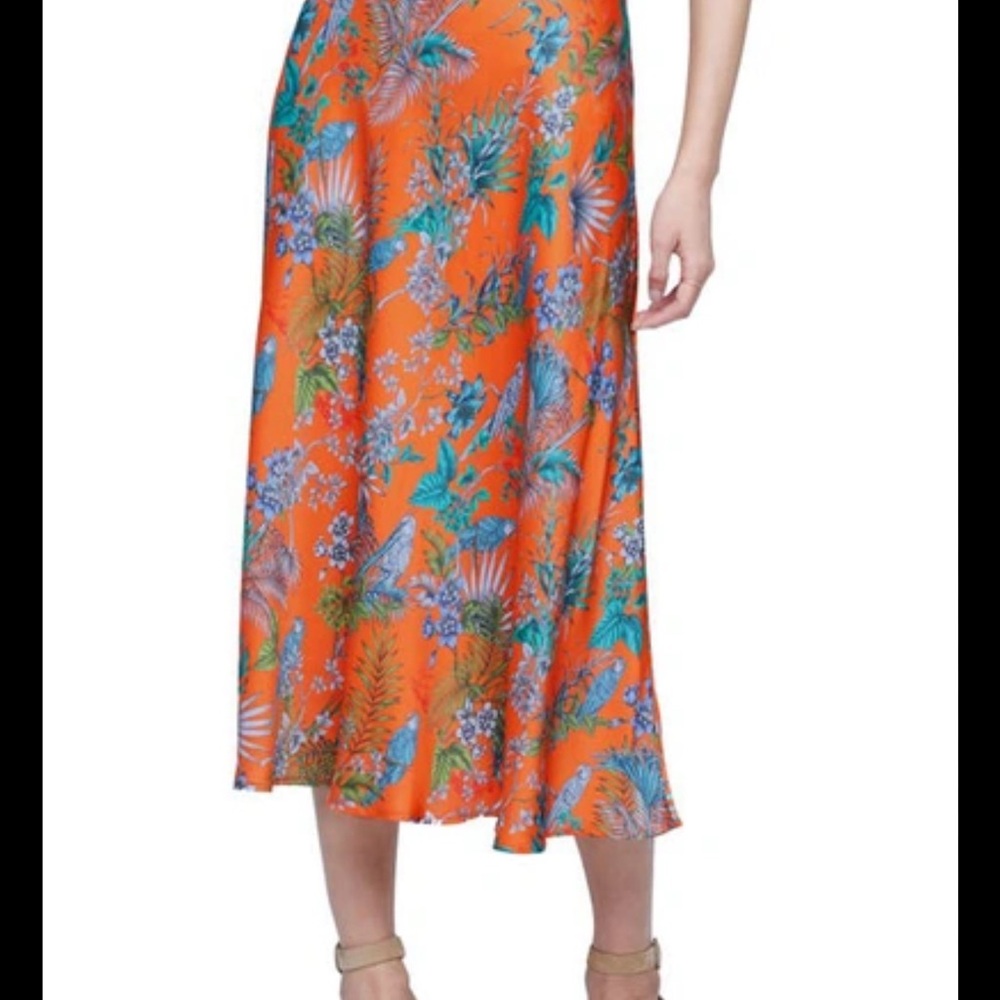 L’Agence Clarisa Bias Satin Floral Parrot Tropical Orange Midi Slip Skirt